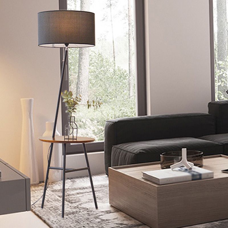 Drum Shaped Fabric Stand Up Lamp Classic 1 Head Living Room Floor Lighting with Tripod Tray