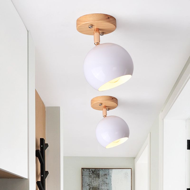 White/Green Ball Flush Mounted Light Simple 1-Bulb Adjustable Semi Ceiling Flush Mount with Round Wood Canopy