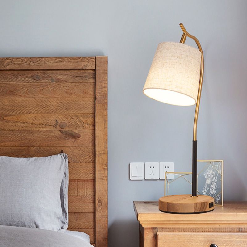 Barrel Shaped Bedside Nightstand Lamp Fabric 1��Bulb Simplicity Table Light with Gooseneck Arm