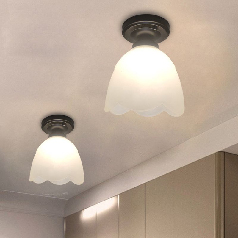 Frosted Glass Black Ceiling Fixture Flower Bud 1-Head Loft Style Flush Mount Lamp for Hallway