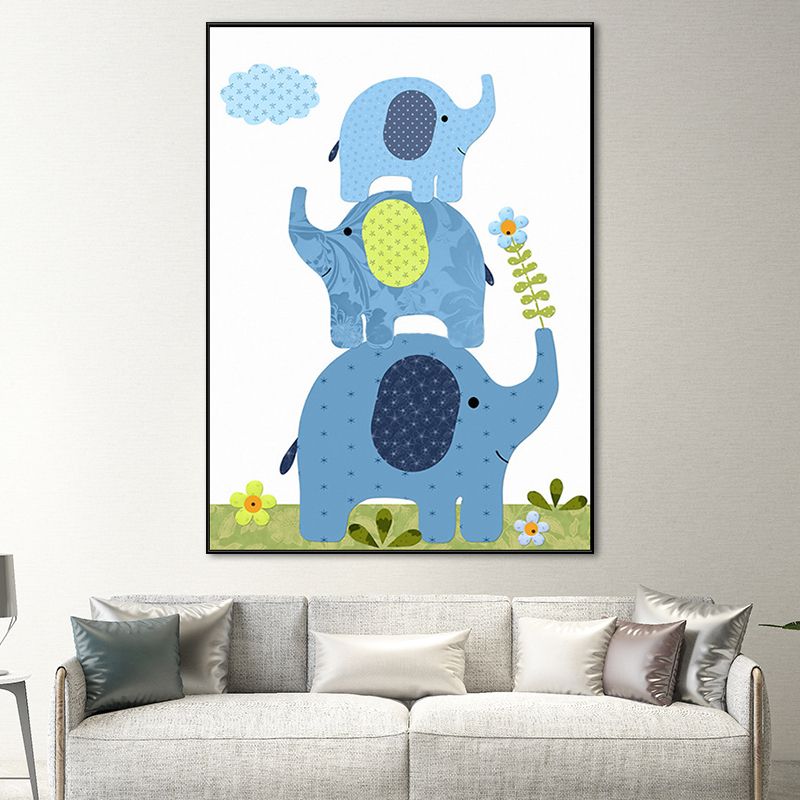 Animal and Flower Wall Decor Blue Canvas Painting Textured for Dining Room, Multiple Sizes