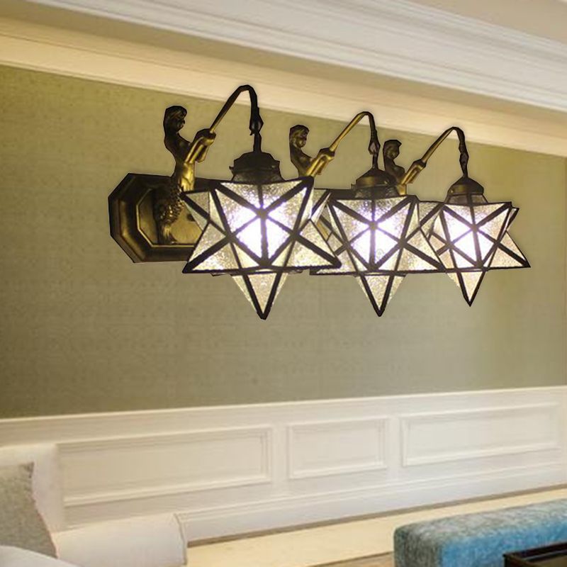 3 Heads Sconce Lighting Tiffany Star Clear Dimple Glass Wall Mounted Light with Mermaid Backplate