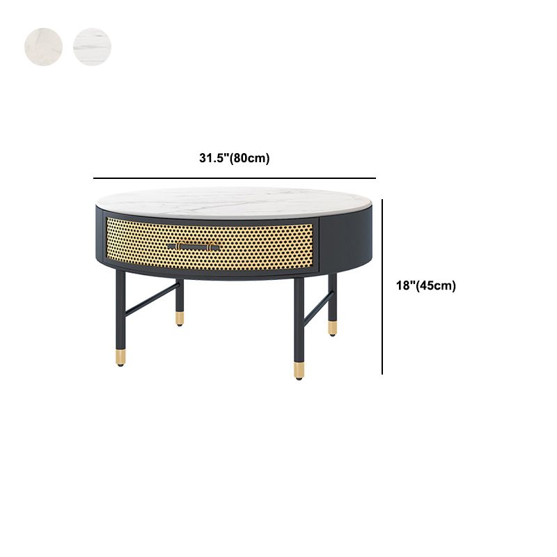 Glam 17.7" H Round Slate Coffee Table Iron 4 Legs Cocktail Table with Drawer