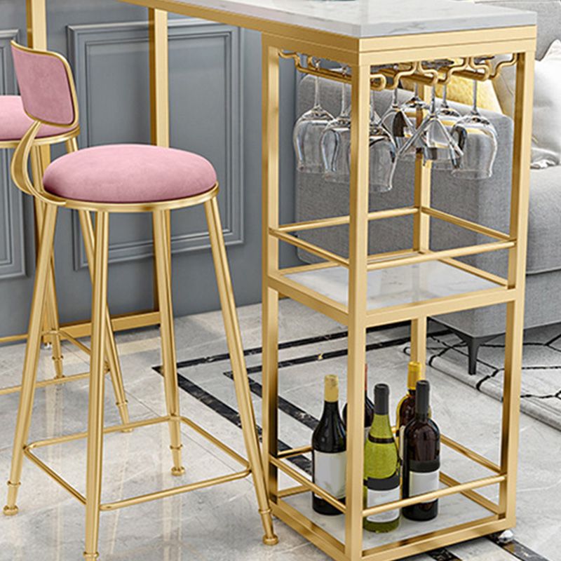 White Metal Pub Table with Faux Marble Top Modern Bar Table with 2 Shelves