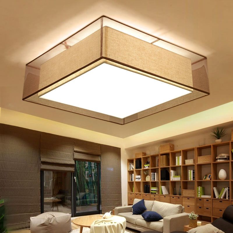 Brown Square Ceiling Light in Traditional Concise Style Wrought Iron Flush Mount with Fabrics Shade