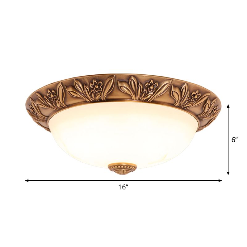 Cream Glass Bronze Flush Mount Light Flower/Leaf/Floral-Trimmed Bowl Traditional LED Ceiling Light Fixture, 12"/16" W