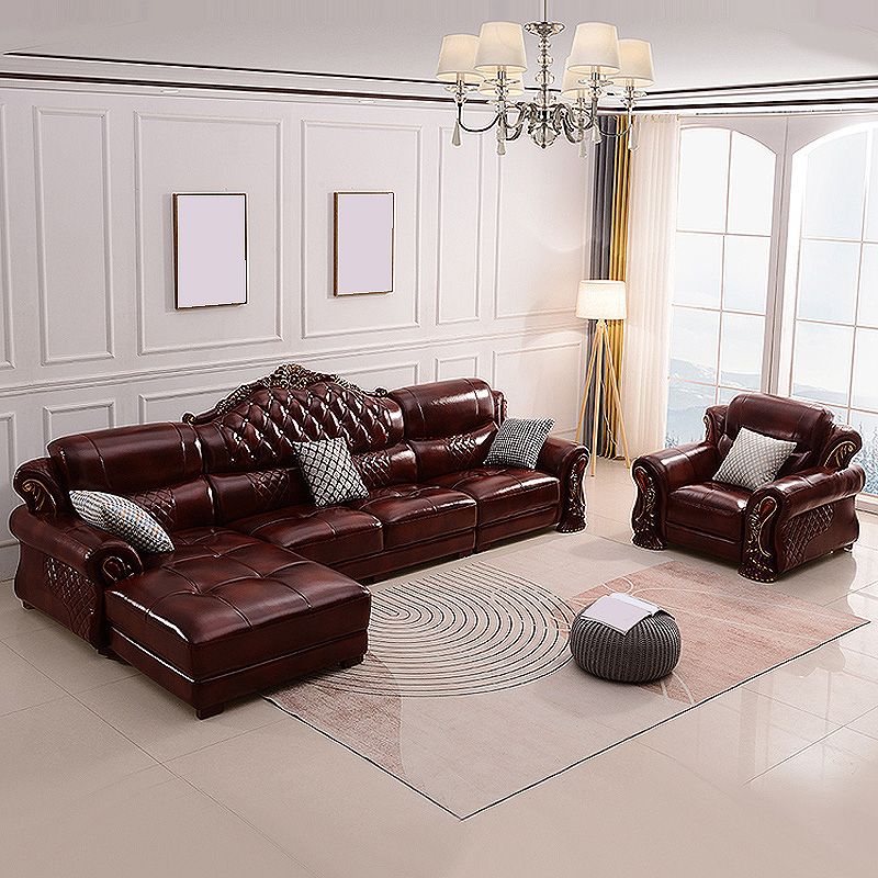 Genuine Leather Rolled Arm Sectional 36.22"High Camel Back Sofa, Dark Brown