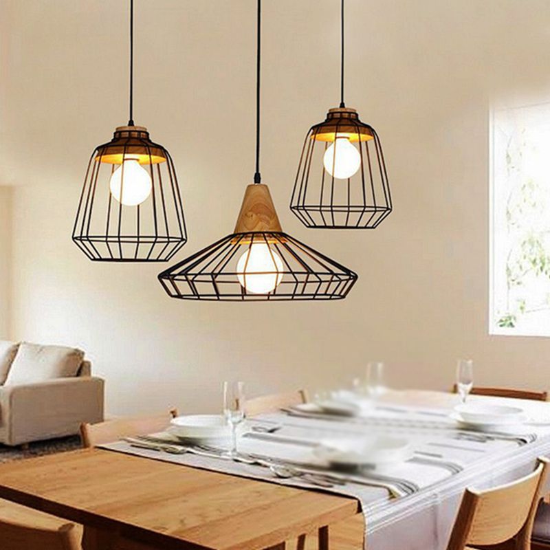 Wrought Iron Black Hanging Light in Industrial Vintage Style Wooden Single Pendant Light with Iron Frame