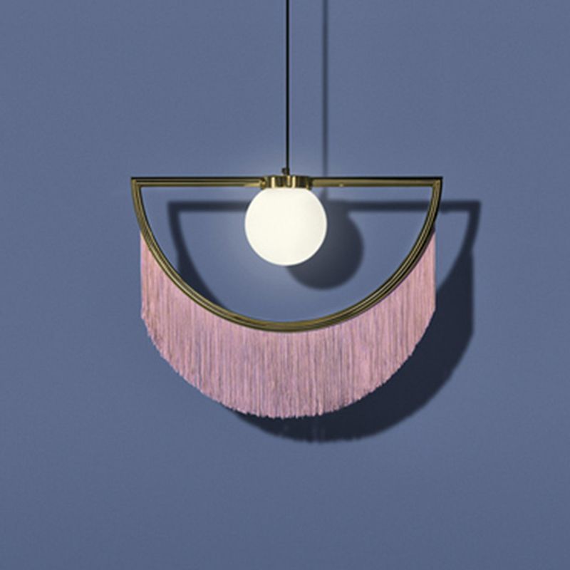 Acrylic Round Ceiling Light Nordic Style Single-Bulb Living Room Pendant Light with Fringe Decor in Pink