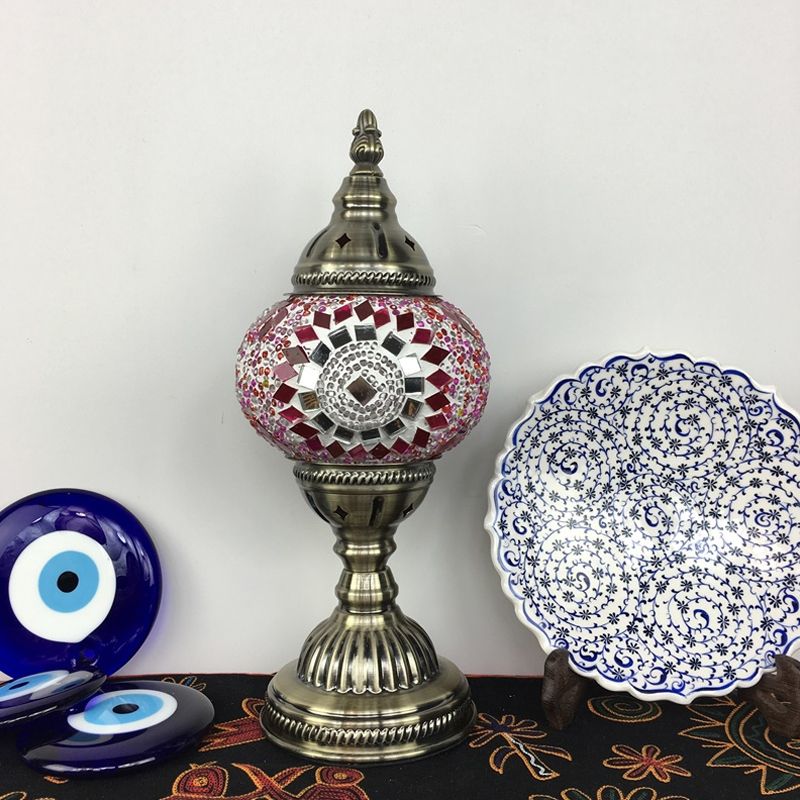 Single Night Stand Light Turkish Bedroom Table Lamp with Spherical Yellow/Red/Blue Glass Shade in Bronze