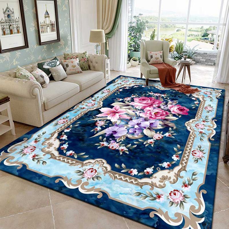 Blue European Style Area Carpet Floral Pattern Polyester Rug Anti-Slip Washable Rug for Home Decor