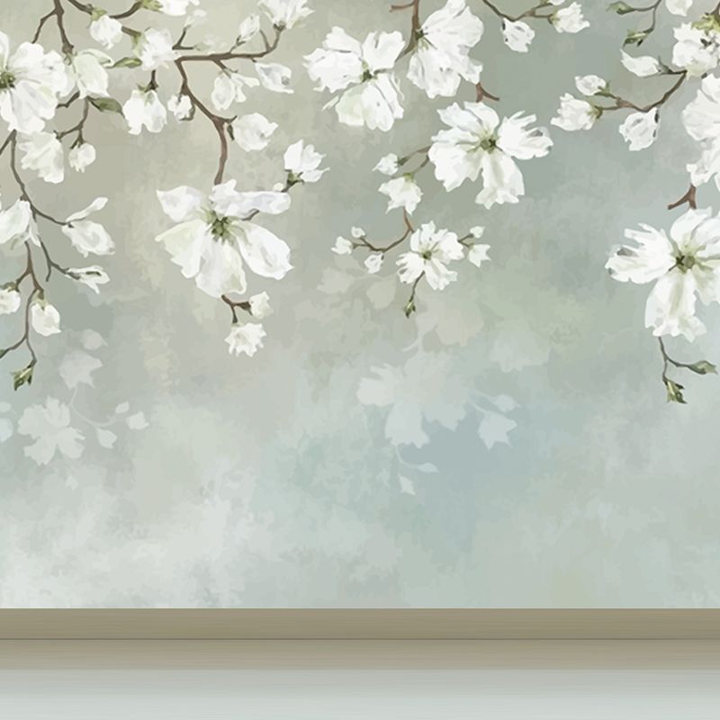 White Blossoming Flower Wallpaper Mural Moisture Resistant Wall Art on Blue for Home