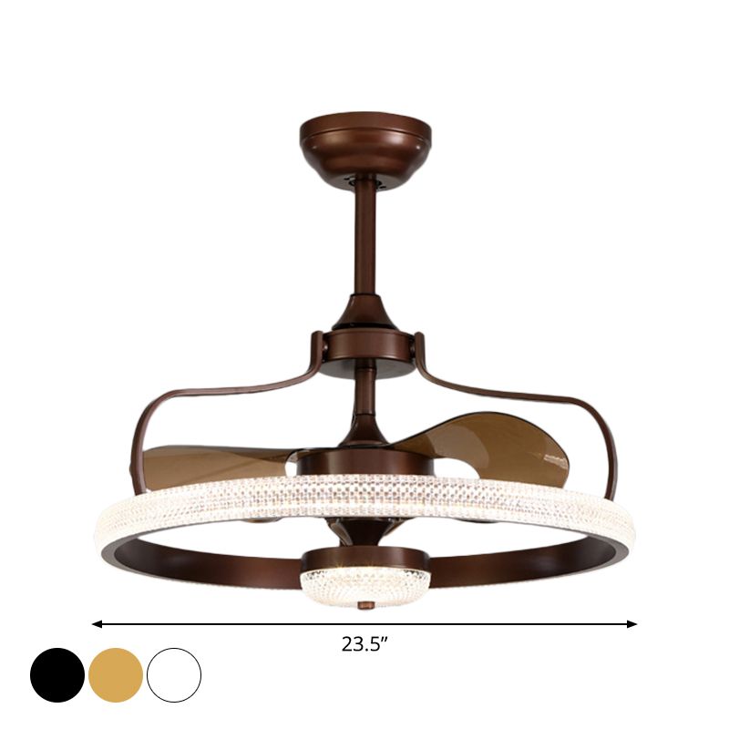 Modern Ring 3 Blades Ceiling Fan Light Fixture Crystal LED Bedroom Semi Flush Mount Lighting, 23.5" Wide