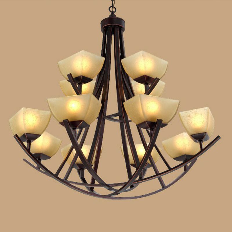Bowl Shade Frost Glass Suspension Light Rustic salon CHANDELIER LEUR en cuivre