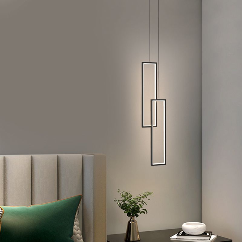 Rectangular LED Pendant Light Minimalist Metal 2-Light Bedside Hanging Light in Black