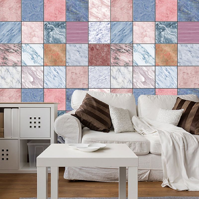 Pink-Blue Marble Wallpaper Panels Square Tiles Modern Peel off Wall Covering for Kitchen
