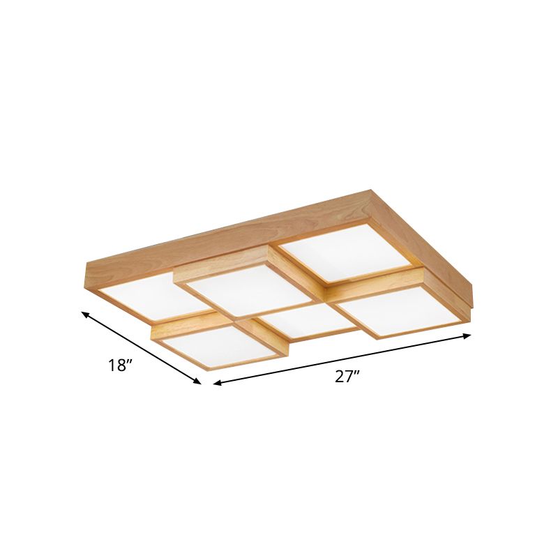 Natuurlijke Houten Vierkante Flush Licht Moderne 4/6/9-Licht Houten LED Plafond Lamp in Warm/Wit/Natuurlijk Licht