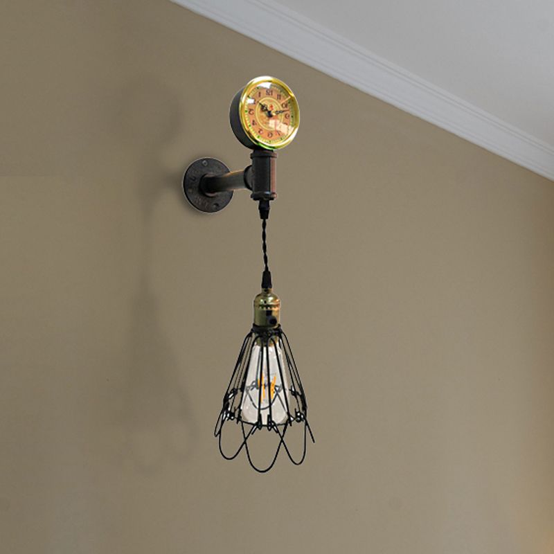 1 Bulb Metal Wall Hanging Light Farmhouse Aged Brass/Black Wire Frame Corridor Sconce Lighting with Gauge