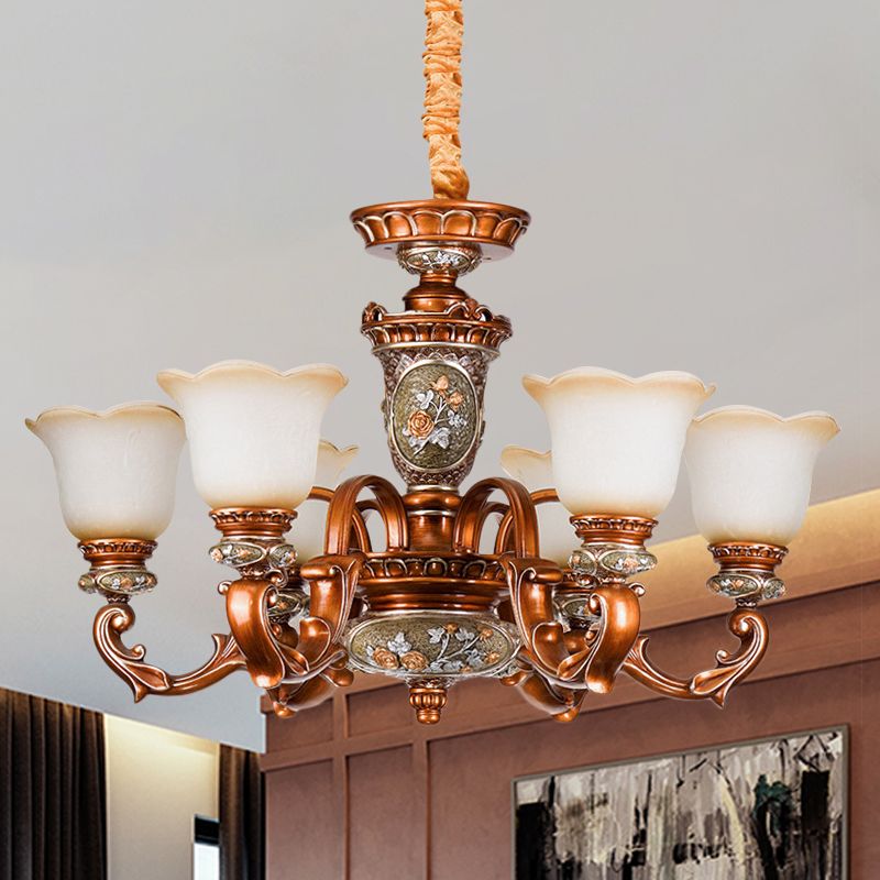 6/8-Head Cream Glass Chandelier Lighting Vintage Brown Floral Shaped Dining Room Ceiling Pendant Light