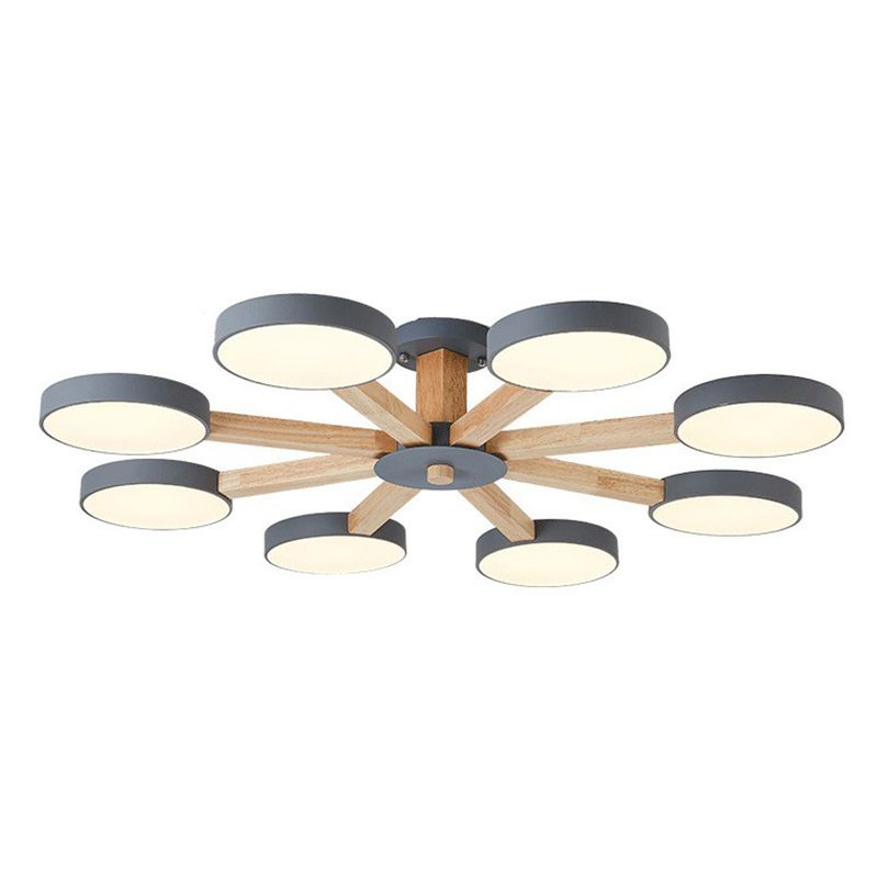 Radial Living Room Semi Flush Light Wooden 8 Heads Macaron Ceiling Flush Mount with Round Acrylic Shade