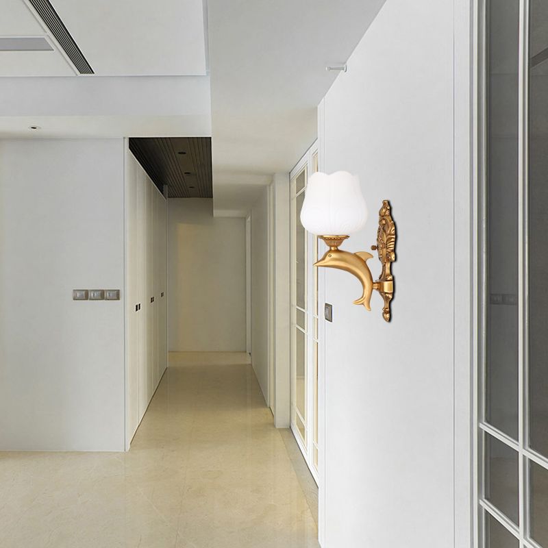 1 Bulb Petal Wall Lighting Fixture Vintage Style White Glass Wall Light with Golden Dolphin Deco