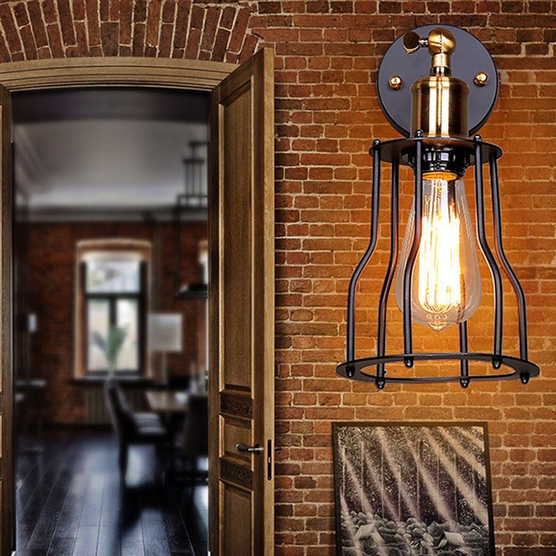 Indoor or Outdoor Sconce Light Vintage Industrial Wall Light in Metal Cage