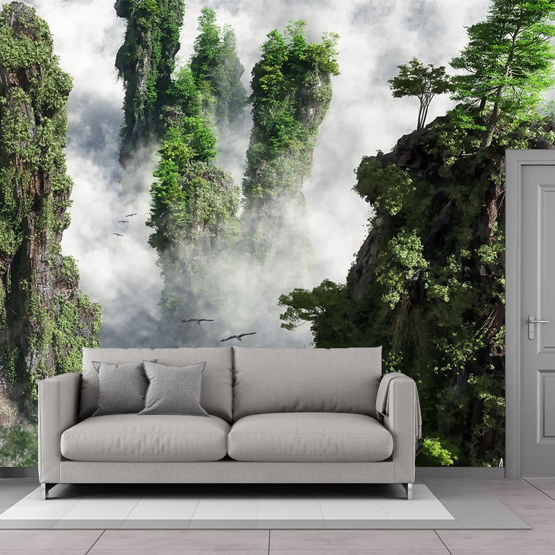 Foggy Cliffs Aerial View Mural Wallpaper Modernist PVC Wall Covering in Green for Home