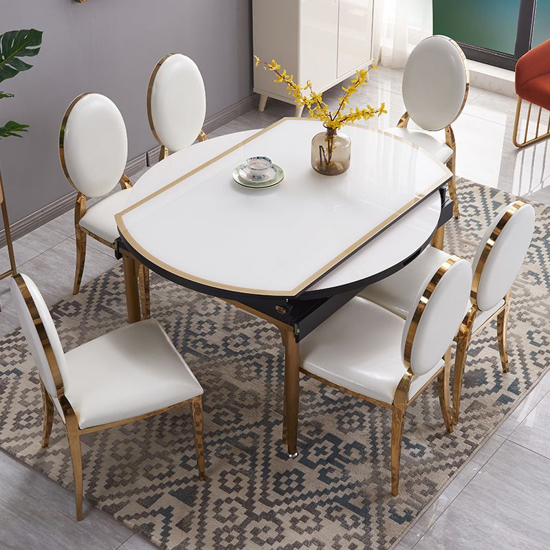 Contemporary White Round Glass Top Dining Table with Double Drop Leaf