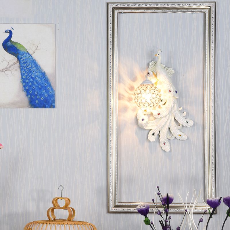 1 Light Blue/Gold Peacock Wall Lamp Country Resin 1/2-Pack Sconce Lighting with Crystal Globe Shade, Double/Right/Left