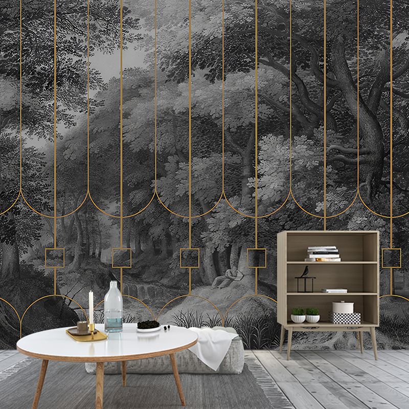 Enormous Photo Original Mural Wallpaper for Living Room Decor with Railings and Forest Design in Dark Grey
