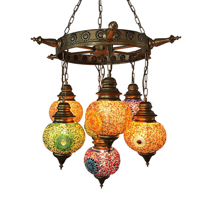 Globe Ceiling Chandelier Retro Colorful Glass 7 Heads Bronze Pendant Lighting Fixture for Living Room
