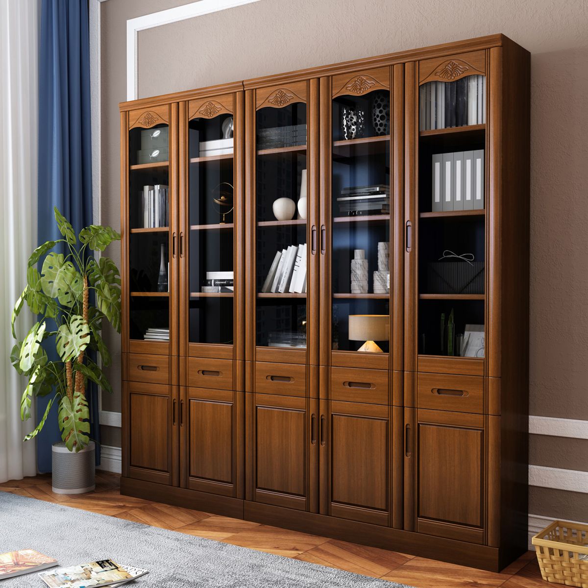 79"H Modern Style Bookcase Solid Wood Closed Back Bookshelf with Door for Home Office