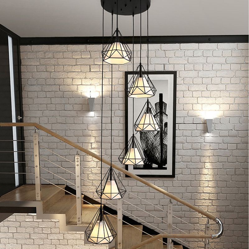 Simple Diamond Cage Multi Pendant Metal 6 Lumières Corridor Hanging Light Kit avec ombre en tissu intérieur en noir