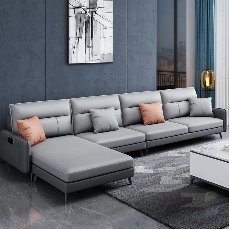 4-seat Sewn Pillow Back Sofa & Chaise Faux Leather Retro Sofa