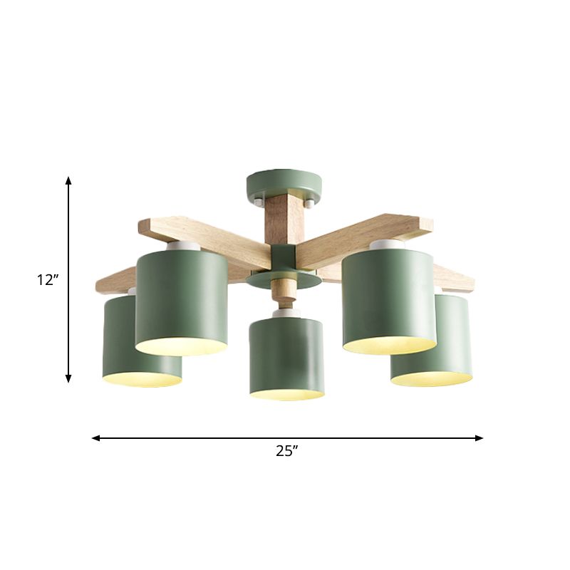 Cylindrical Metal Ceiling Chandelier Nordic 6-Head White/Green/Grey Suspension Lighting with Wood Arm