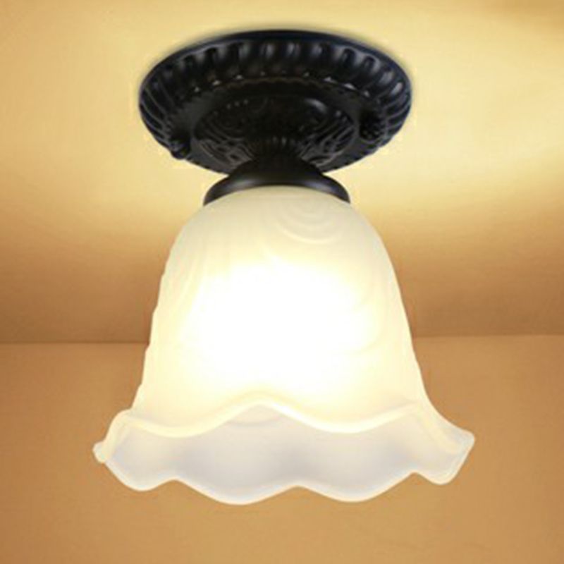 Black Bell Semi Flush Traditional Frost Glass 1-Light Corridor Flush Ceiling Light Fixture