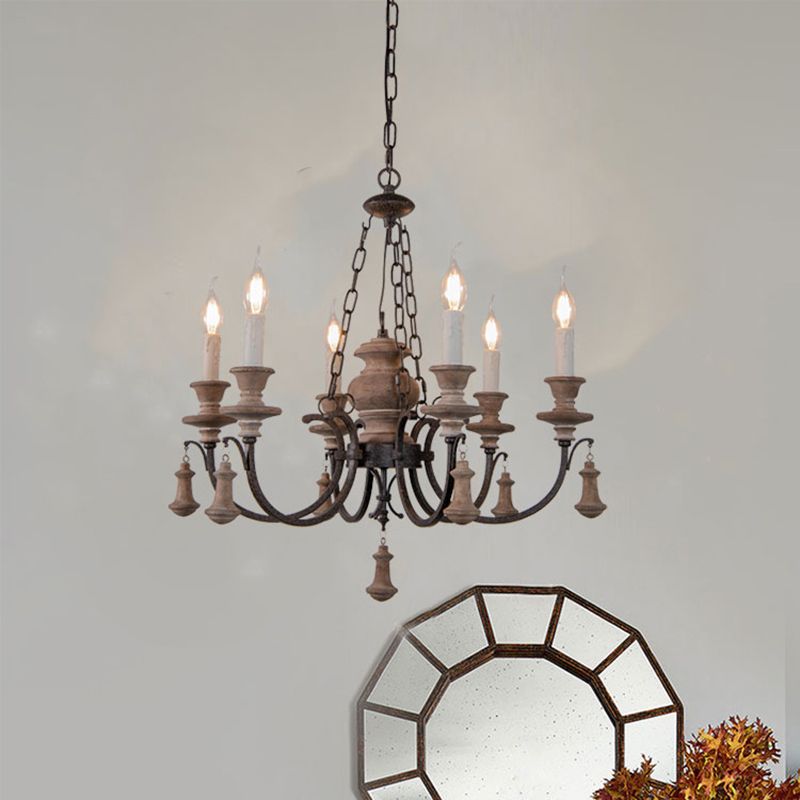 Wooden Brown Chandelier Candle Style 6-Light French Country Suspension Light