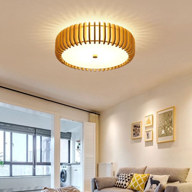 Wooden Flush Mount Ceiling Light Asian Style Living Room Round Shape Ceiling Mount Light