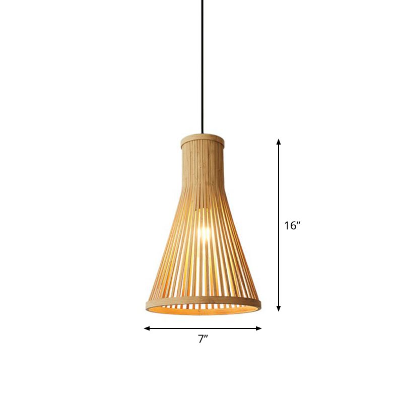1 Head Tea Room Ceiling Light Minimalist Wood Drop Pendant with Cone Bamboo Shade