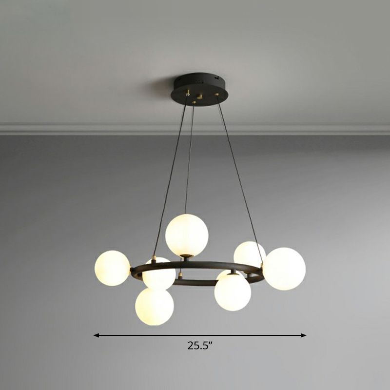 Ring Metal Chandelier Light Modern Stylish Hanging Lamp with Orb Opal Glass Shade