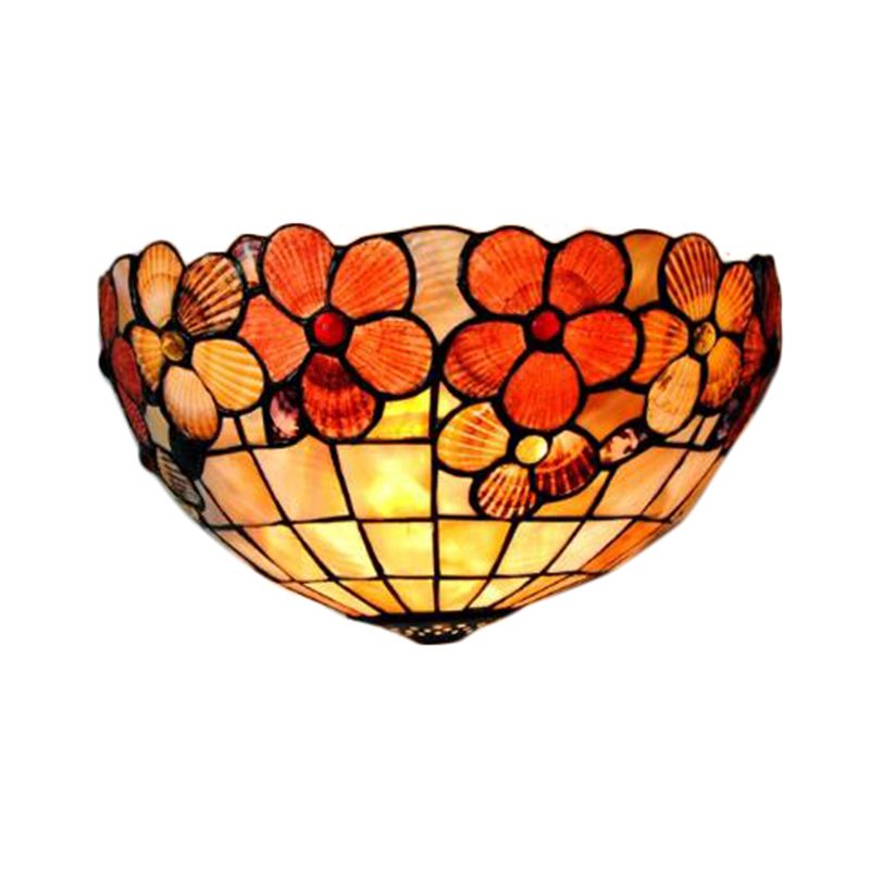 Flower Pattern Wall Light Tiffany Vintage Shell Wall Sconce in Beige/Pink-White for Corridor Office