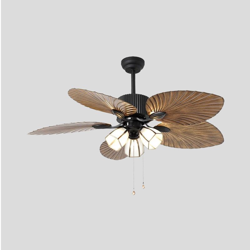 Retro Bell Hanging Fan Light Fixture 3-Bulb 42" Wide Cream Glass 5 Blades Semi Flush Lamp in Brown with Pull Chain/Wall/Remote Control