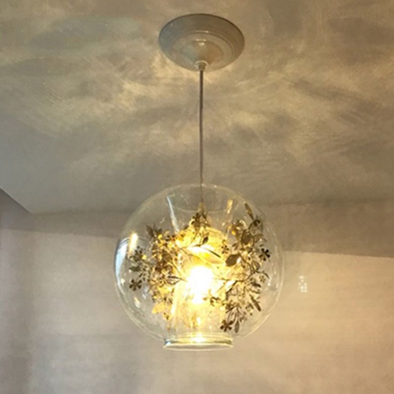 Global Transparent Glass Suspension Light Minimalist 1 Bulb Ceiling Pendant with Scattered Flower Deco