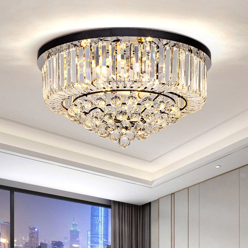 Drum Flush Mount Light Contemporary Tri-Sided Crystal Rod 4/6/9 Heads Black Ceiling Light Fixture, 14"/18"/23.5" Wide