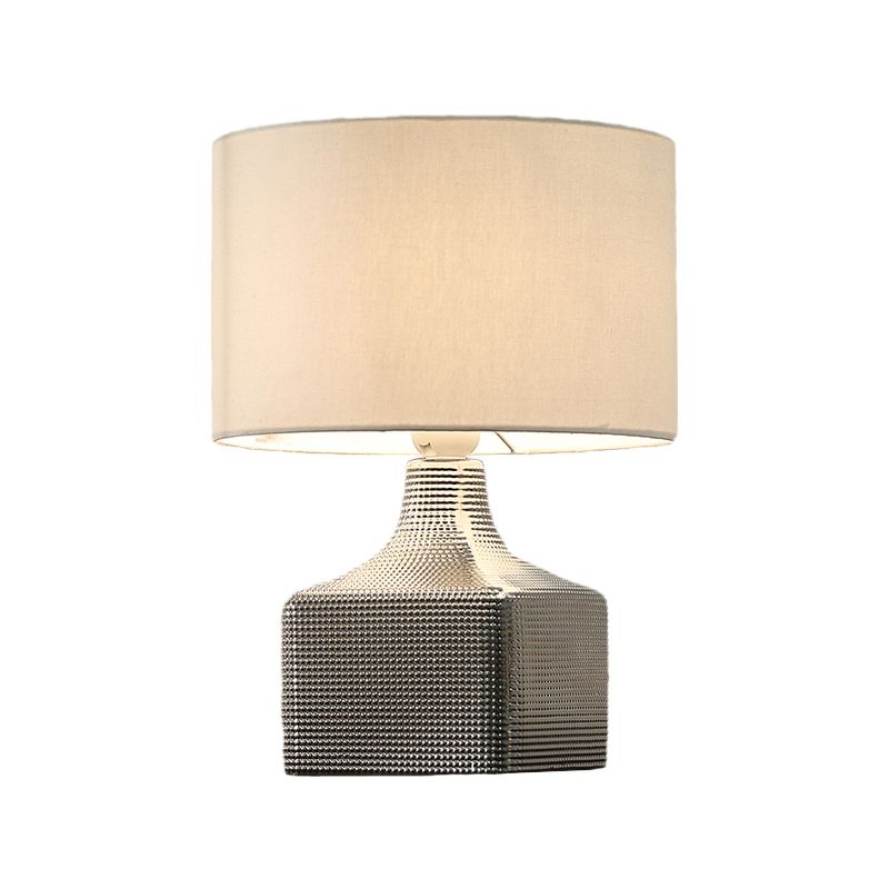 Drum Shade Fabric Table Lighting Contemporary 1-Light White Finish Night Light with Cubic Base