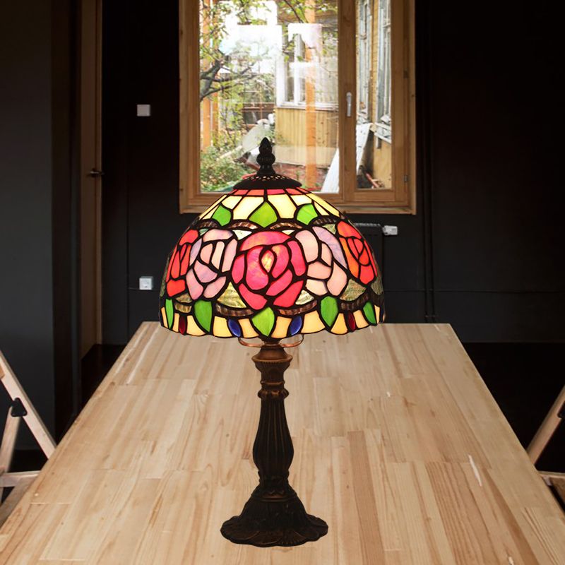Antike Messing Einkopf Nachttisch Lampe Mediterraner Glas Rosa Rose/Rot Rose/Tulpe Nachttisch
