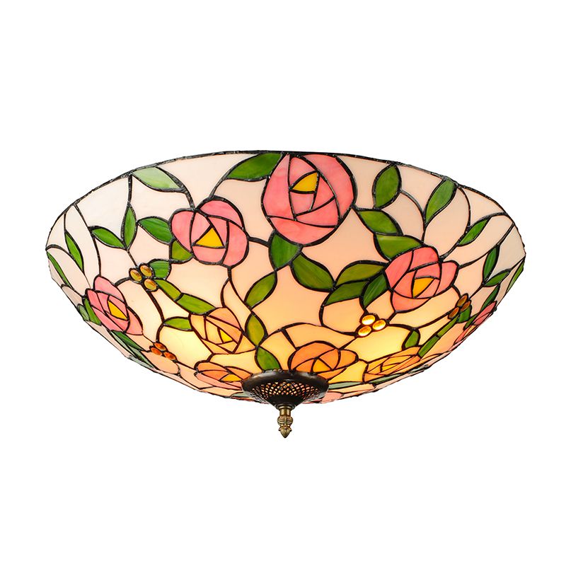 Pink and Green Bowl Flush Light with Rose Vintage Tiffany Stained Glass Flush Ceiling Light