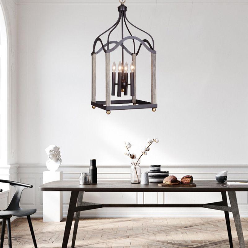 4 Lights Metal Hanging Chandelier Traditional Black Candle-Style Living Room Pendant Light Fixture with Cage