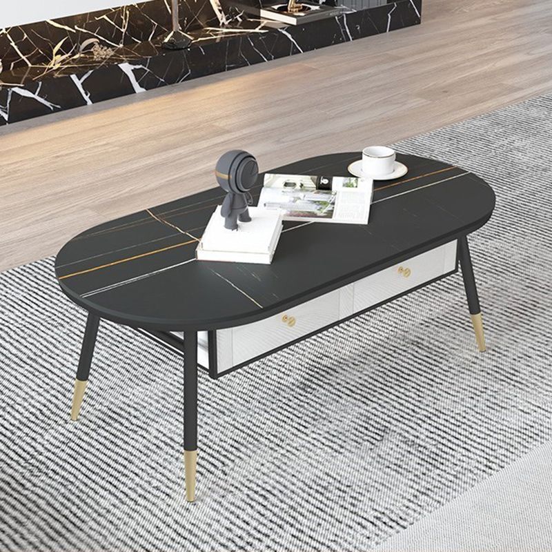Glam Style with 2 Drawers Black/White Top Gold Metal Footer Coffee Table