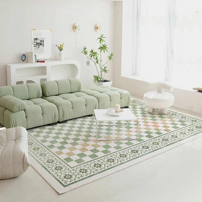 Green Nordic Rug Polyester Grid Pattern Rug Stain Resistant Rug for Home Decoration